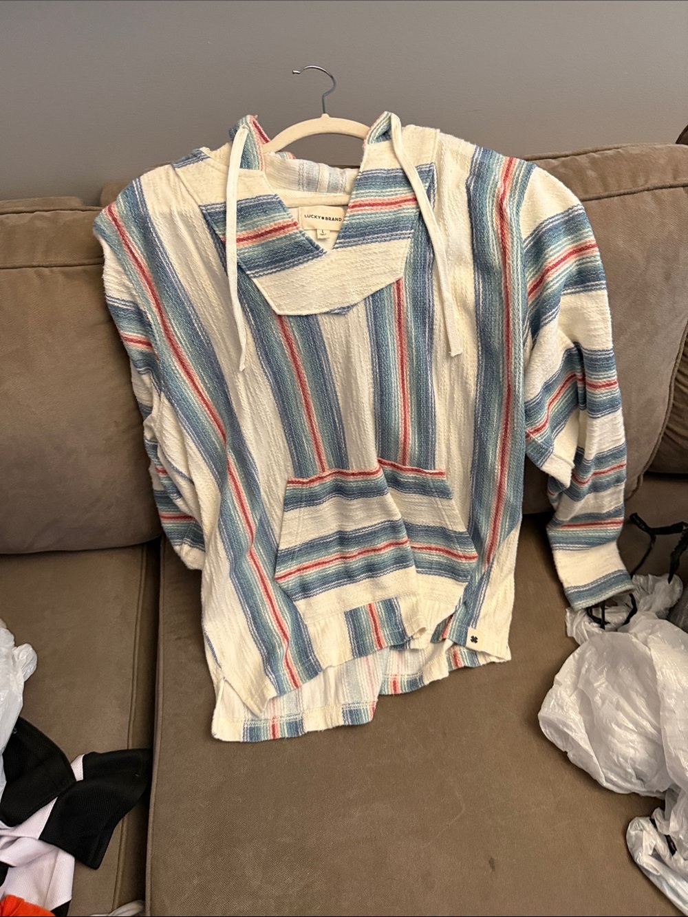 Lucky Brand Men's Baja-Style Crewneck Sweater - Cream with Blue & Red Stripes